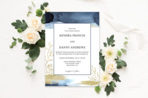 Watercolor Blue & Gold Wedding Invitation